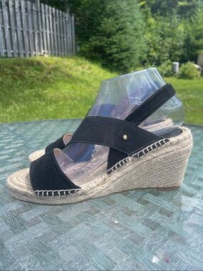 Adrienne Vittadini Crete Black Strappy Espadrille Wedge Sandals size 8.5